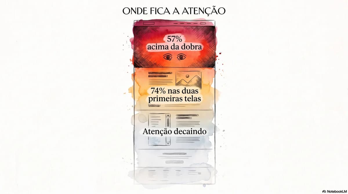 Escala de atenção de uma página web, com a maior intensidade no topo (57% acima da dobra) e decaimento gradual para baixo