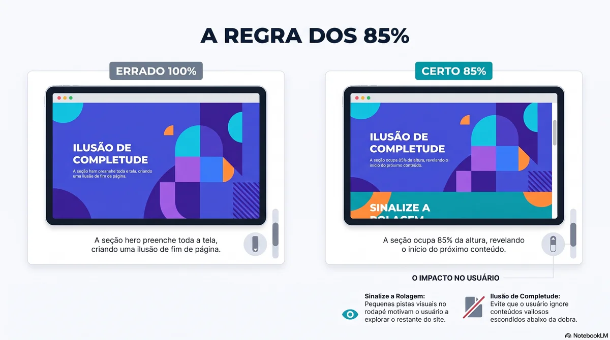 Diagrama comparando um hero que ocupa 100% da tela, parecendo fim do site, contra um que ocupa cerca de 85% e deixa entrever a próxima seção