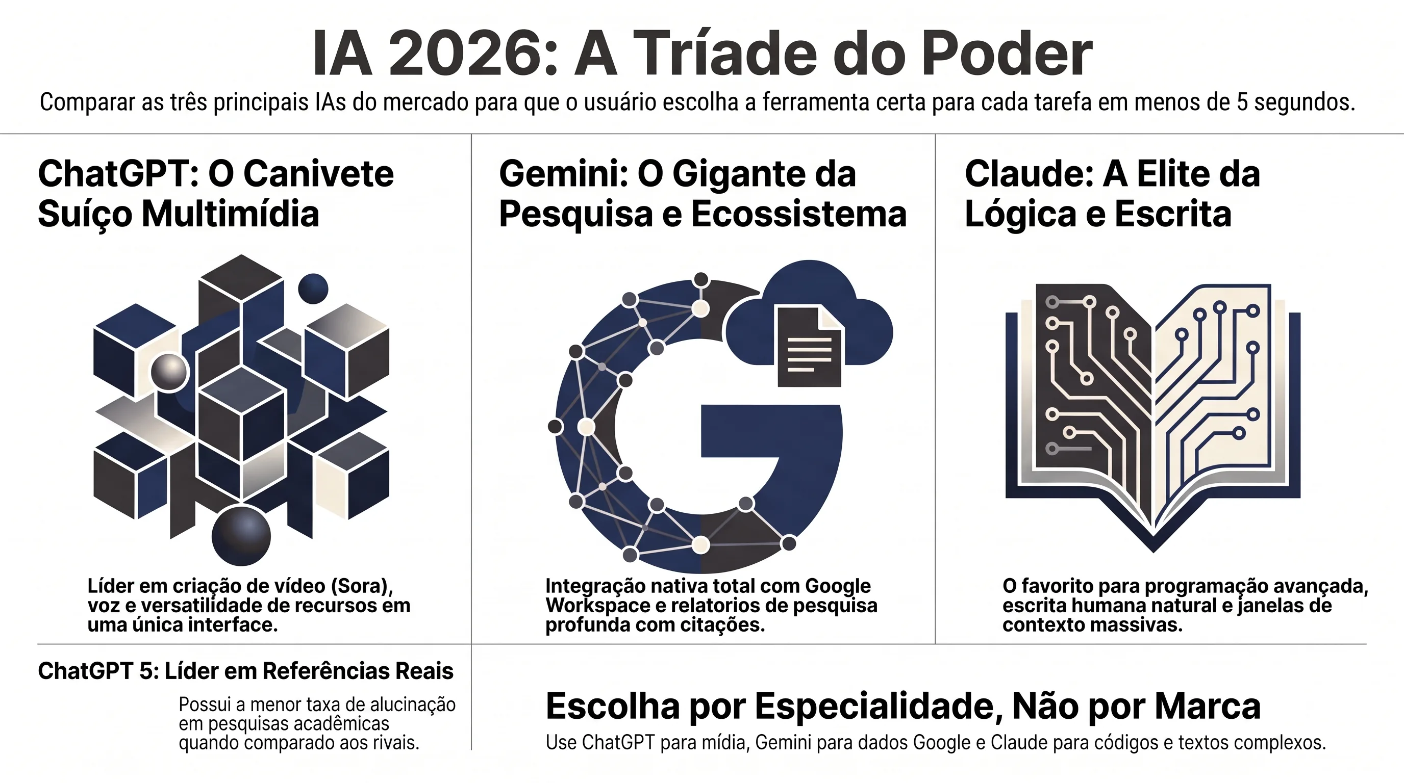 Comparativo em três colunas: ChatGPT, Gemini e Claude no uso diário de 2026