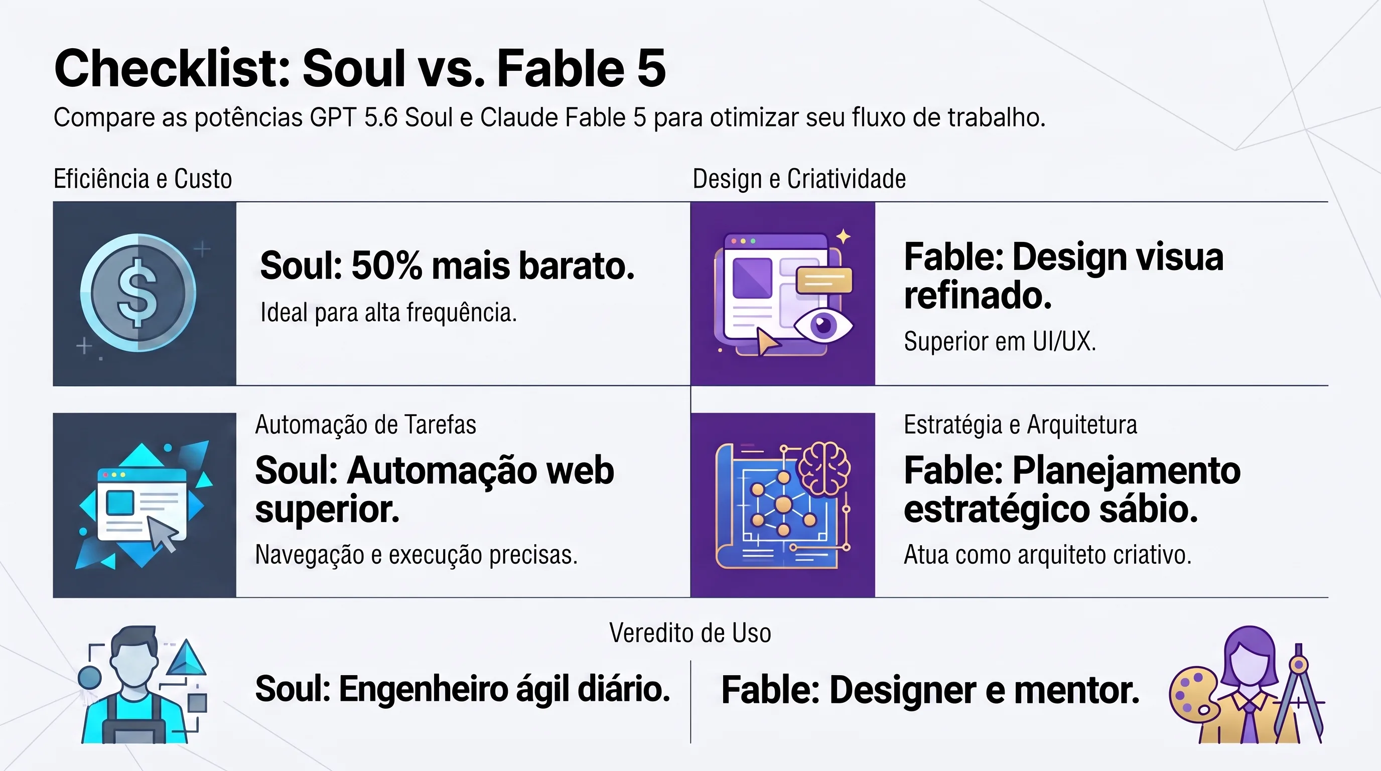Seis casos de uso reais usados nos testes: código, jogo, automação, app, escrita e repositório