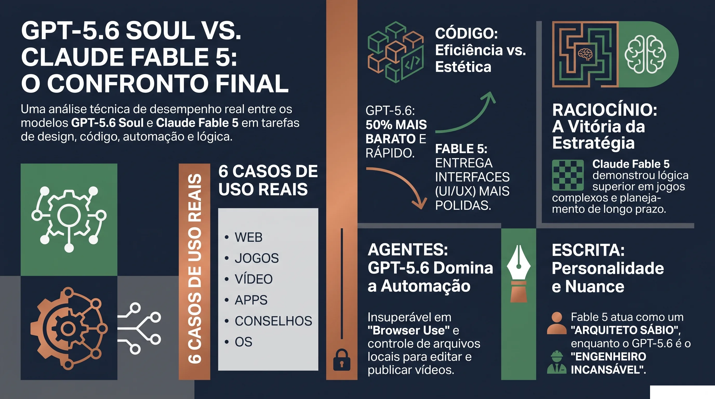 Comparativo visual Claude Fable 5 versus GPT-5.6 Sol com pontos práticos de uso