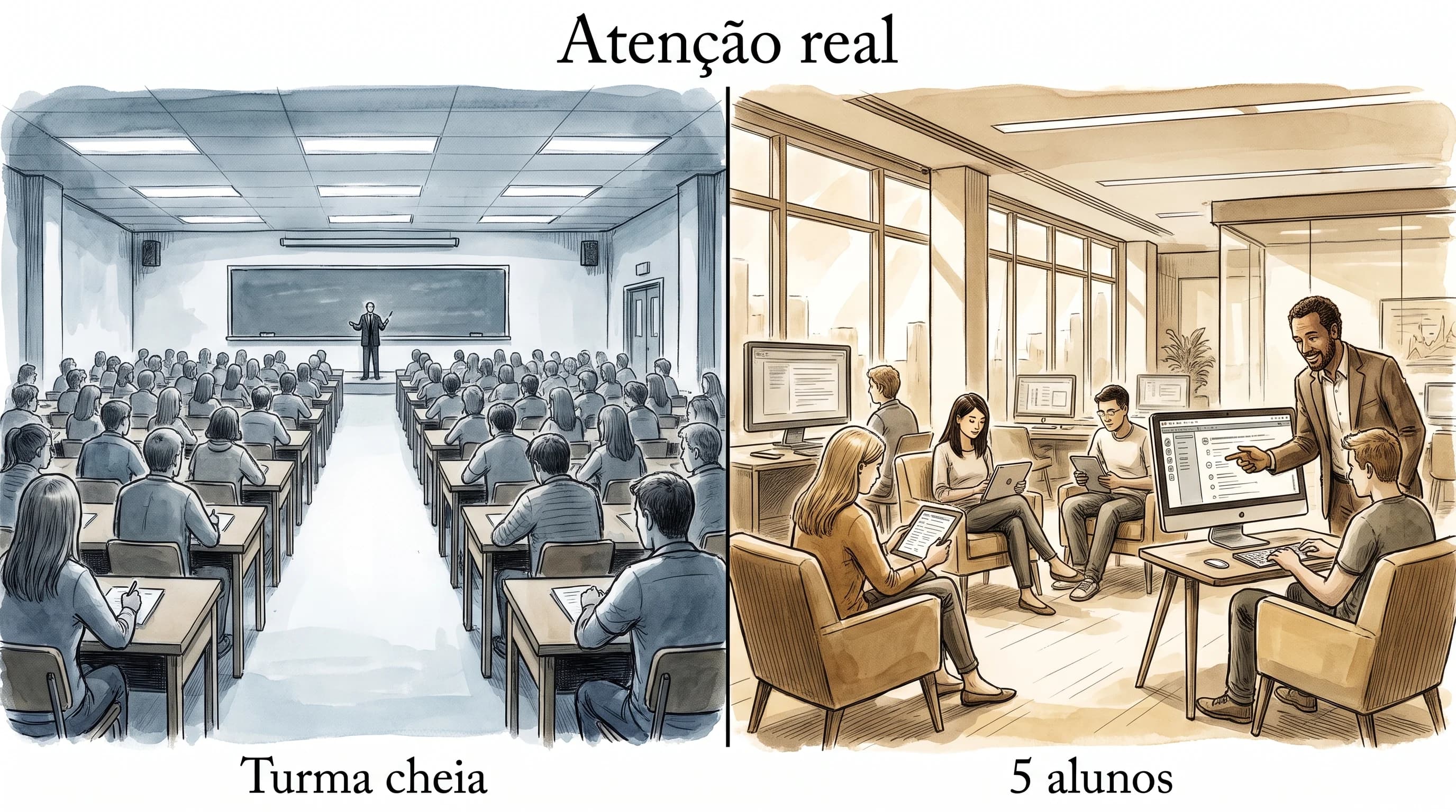 Turma cheia versus 5 alunos em laboratório moderno com professor próximo