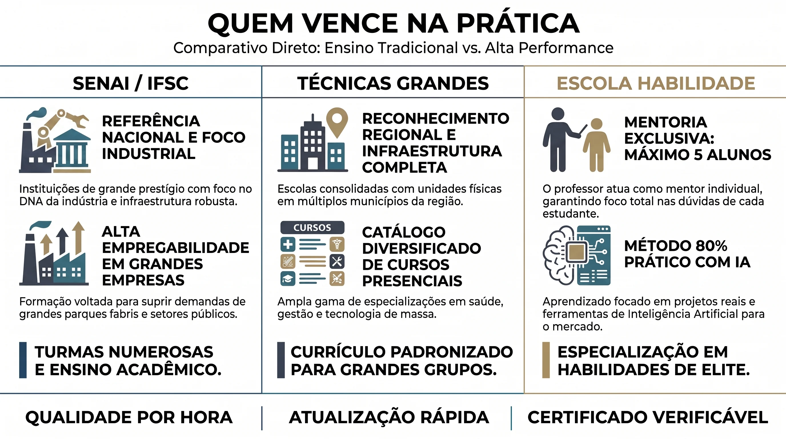 Comparativo entre SENAI/IFSC, técnicas grandes e Escola Habilidade