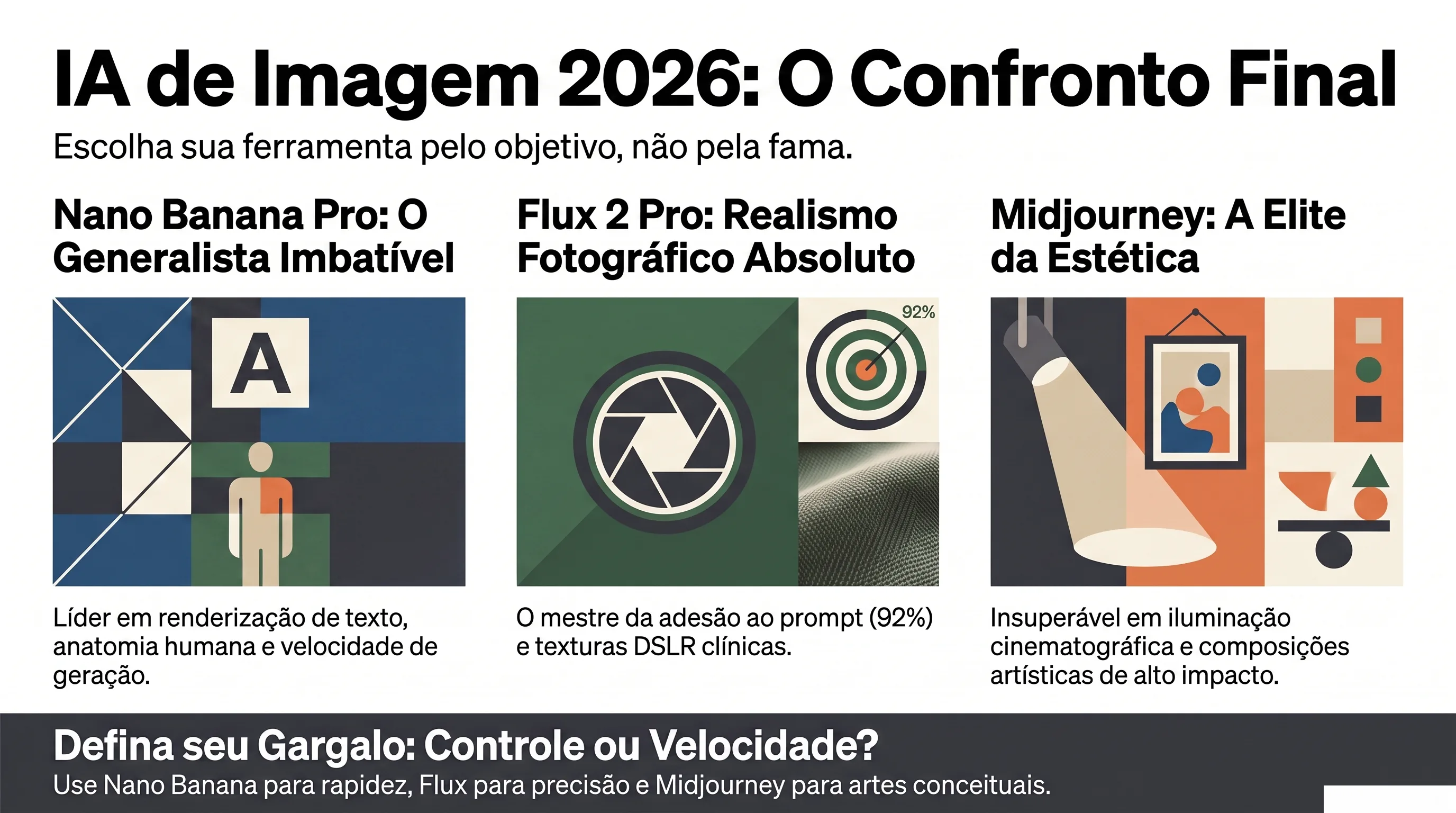 Comparativo Midjourney, Flux e Nano Banana em colunas de uso real
